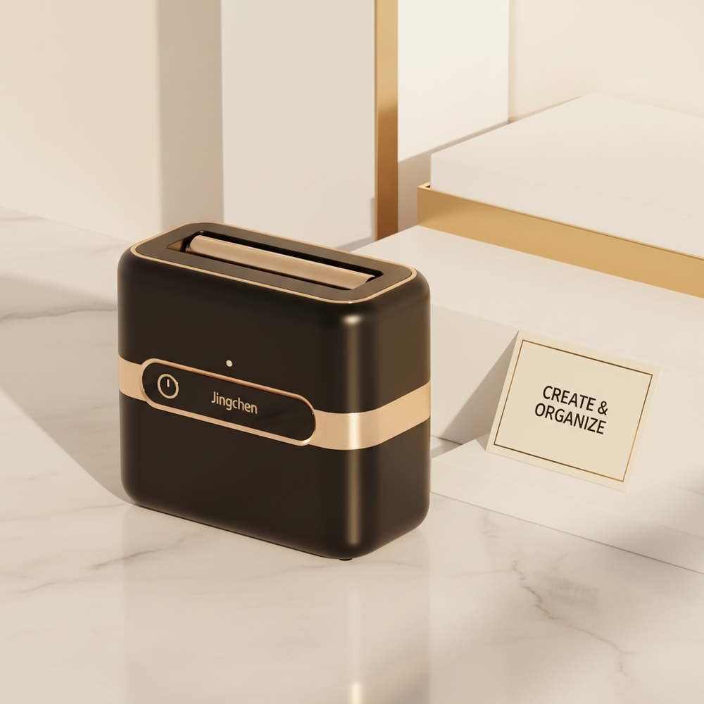 A sleek, black and warm gold B21 Pick Up Label Printer Mini Printer on a clean, minimal background with soft lighting.