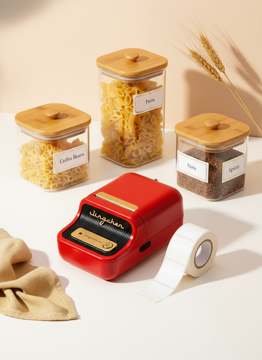 A sleek, compact B21 portable label printer in a flat-lay next to elegant, labeled kitchen containers on a clean, warm white 